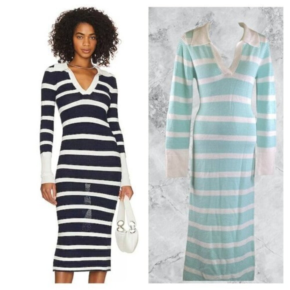 L'Academie Arlie Striped Midi Knit Dress - Cyan & White